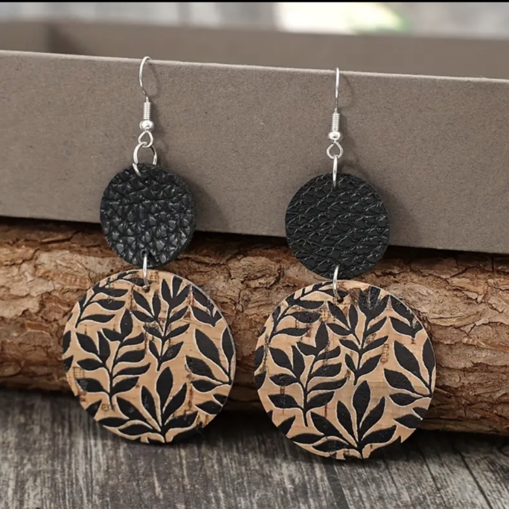 Brown Round Disc with Black Leaf Print, Faux Leather Drop/Dangle Earrings